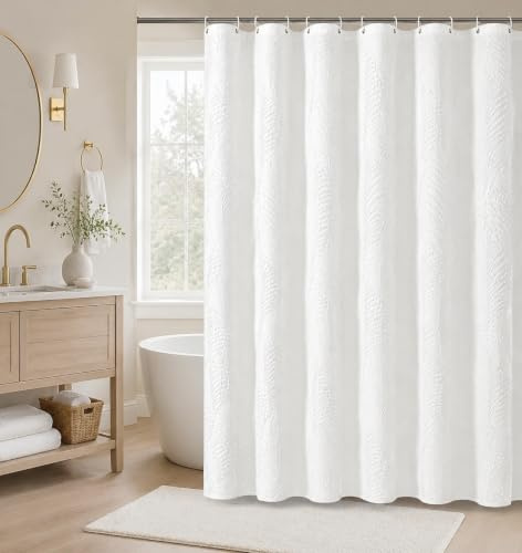 Hopomoon Rideau de Douche en Coton Blanc 180 x 180 cm Motif Jacquard Luxueux Rideau de Baignoire Classique en Textile Respirant
