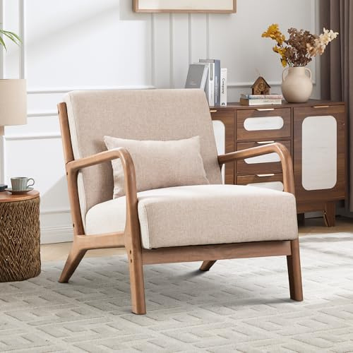 EBELLO Accent Sessel mit Kissen, Mid-Century Moderner Polstersessel für Wohnzimmer, Ohrensessel mit Holzrahmen & Armlehnen, Lesesessel bis 150kg belastbar, Beige