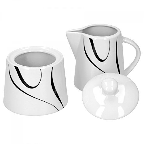 Van Well Galaxy 2-TLG. Set Zuckerdose mit Deckel, Ø 95 mm + Milchkännchen, 220 ml, Liniendekor edles Marken-Porzellan