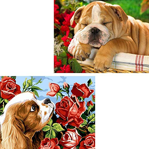 Reofrey 2 Pièces 5D Diamond Painting Diamant Peinture Rose Chien DIY Cristal Strass Plein Forage Broderie Point De Croix Chambre Salon Décoration 30x40cm 008