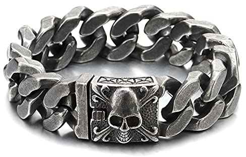 COOLSTEELANDBEYOND Großes Edelstahl Panzerkette Armband Herren mit Fleur de Lis und Schädel, Biker Gotik, Rauhe Oberfläche