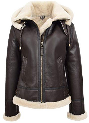 House of Leather Damen Real Schaffell B3 Mit Kapuze Jacke Flieger Pilot Stil Naomi Braun Weiß 46