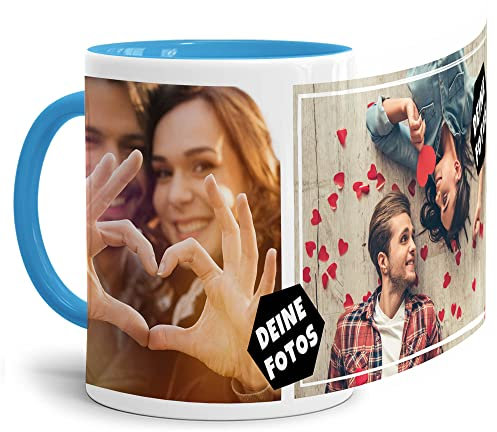 Foto-Tasse zum selbst gestalten mit Foto-Collage für 2 Wunschfotos - Geschenk für Familie, Freunde, Geburtstag, Weihnachten - Keramik Innen & Henkel Hellblau, 300 ml I Personalisiert