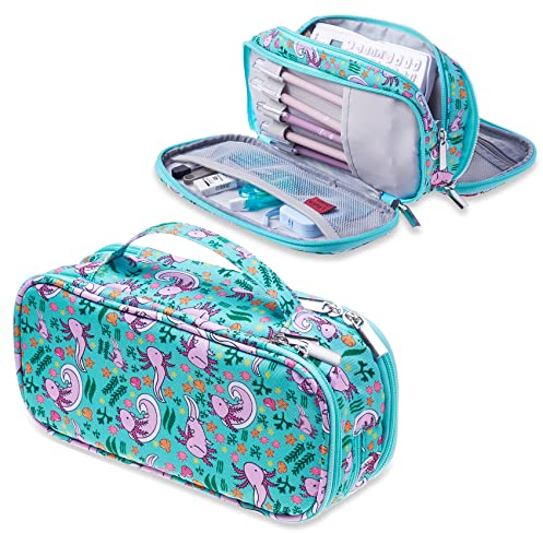 LParkin Axolotl Federmäppchen Super große Kapazität 3 Fächer Canvas Bleistift Box Kawaii Make-up Tasche Süße Axolotl Geschenke für Studenten Teen Jungen Mädchen