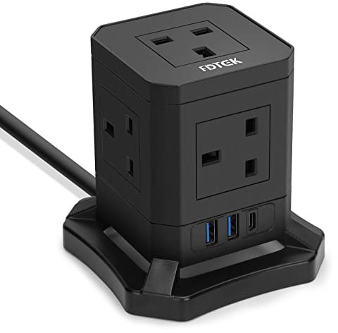 Cube Extension lead with USB C Slots, FDTEK 5 Way Plug Extension Sockets with 3 USB Ports, UK Power Extension with Switch 1.85 Metre Extension Cord for Home Office accessories