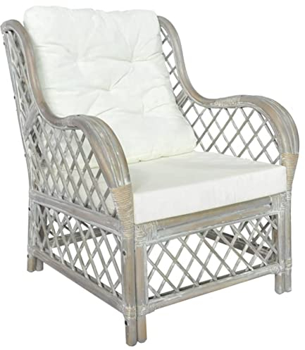 Tidyard Sessel mit Kissen Rattansessel Relaxsessel Loungesessel Geflechtsessel für Garten Terrasse Esszimmer Grau Natur-Rattan und Leinen