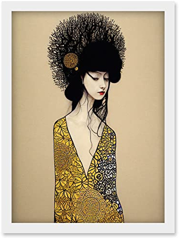 Wee Blue Coo The Goddess in Gold Black Klimt Style Robe Artwork Framed Wall Art Print A4