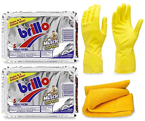 NARZAM Brillo Soap Pads - 5 Multi-Purpose Soap Pads x 2 - Ideal for Cleaning Ovens, Pots, Pans, Barbecues, and Grills with Medium Size Glove | Household Cleaners (4 PK) (Brillo_Glove_Cloth)