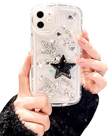 Ownest Compatible for iPhone 11 Cute Glitter 3D Stars Crystal Heart Clear with Design Aesthetic Women Teen Girls Pretty Crystal Sparkle Sparkly Cute Cases Protective Cover-Clear