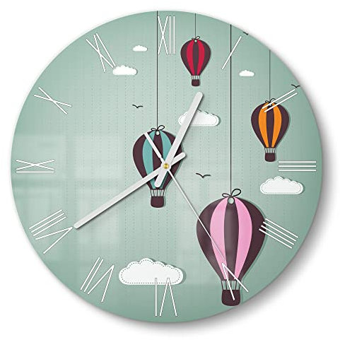 DEQORI Glasuhr | rund Ø 30 cm | Motiv Comic Heißluftballons | ausgefallene leise Design Uhr aus Glas | Wanduhr für Wohnzimmer & Küche | Moderne Hingucker Uhr für die Wand