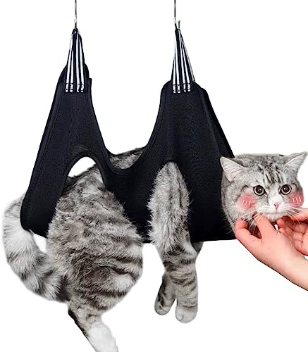 Qrity 1 Piece Cat Grooming Bag, Pet Nail Trimming Harness, Pet Grooming Sling Helper with 2 Hooks, Breathable Grooming Harness Hanging for Dog & Cat Trim Nails and Bath Grooming, Black, XS