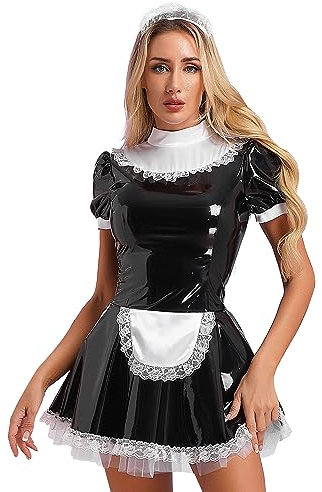 TiaoBug Damen Dienstmädchen Kostüm Wetlook Dessous Set Lack Leder Reizwäsche Mini Kleider + Satin Schürze + Spitzen Halsband Halloween Cosplay Outfits Schwarz J 3XL