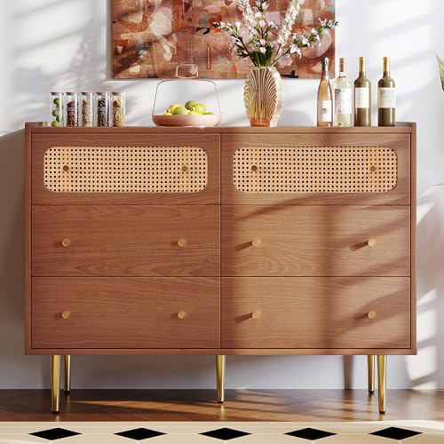 kubeier Schubladenkommode Kommode mit 6 Schubladen, Rattan Sideboard Highboard Schubladenschrank Buffetschrank für Schlafzimmer & alle Wohnräume, Nussbaum -H90/B120/T40 cm