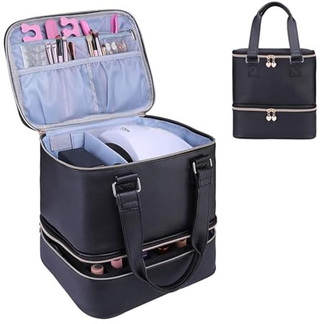 Nail Polish Organiser,Double-Layer Nail Polish Case,Holds 30 Bottles and A Nail Lamp,Portable Nail Polish Holder,with Adjustable Dividers,for Nail Art Tools