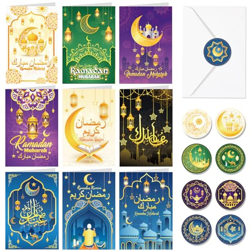 DPKOW 18pcs Ramadan Mubarak Cards with Envelopes Stickers, رمضان مبارك Ramadan Kareem Cards Arabic Blessings Islamic Holiday