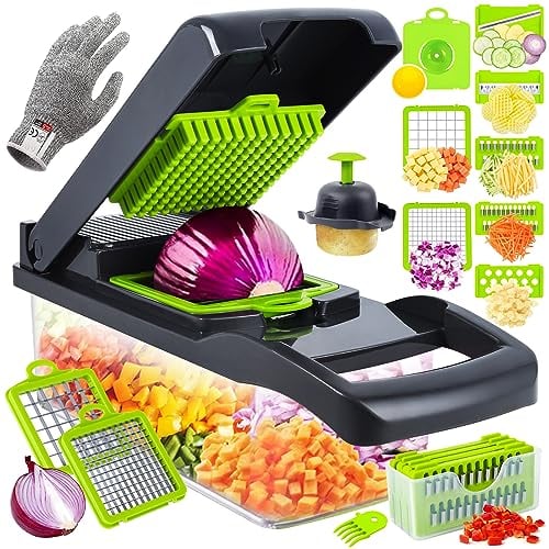 Coupe Legumes Multifonctions 16 en 1, Professionnelle Mandoline Cuisine, Coupe Legume Manuel à 8 Lames Remplaçables, Decoupe Legumes pour Oignon, Ail, Tomate, Rape, Pomme de Terre, Carote