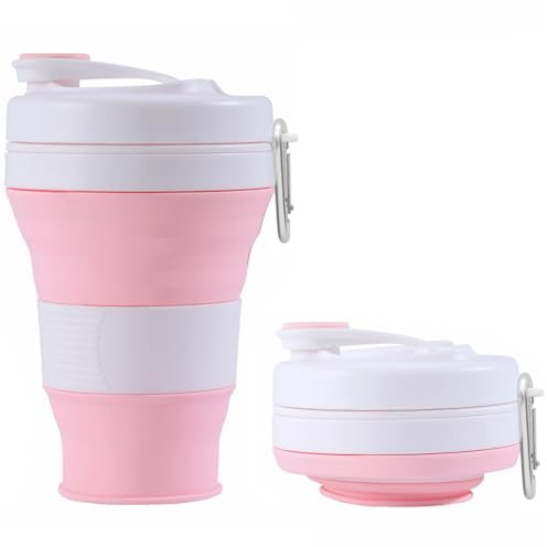 Adallor Bicchiere pieghevole in silicone per Coffee to Go con cannuccia | 600ml tazza da viaggio comprimibile per campeggio, palestra, ufficio & scuola | Compatto e portatile