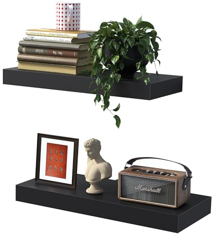 BONTEC 2er Set Schwimmende Wandregale, 40cm Bücherregal Schweberegal Holz Board für Wanddeko und Aufbewahrung, Tragfähigkeit von 10kg, Schwarz