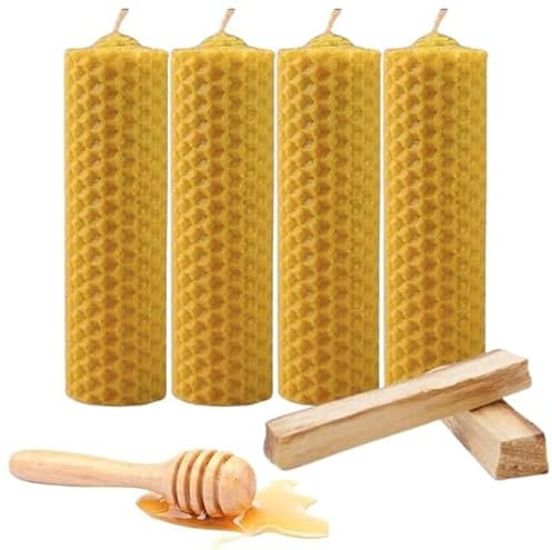 ME HECHIZAS TU® | Ritual Abundancia y Prosperidad (Días 11 y 22) | QR para acceder a los Rituales | 4 Velas de Miel XL (14 cm) + 2 Palo Santo | 100% Cera Pura de Abeja | Natural y Espiritual.