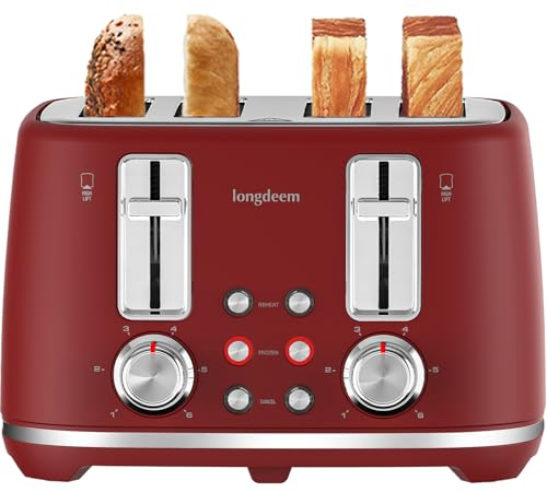 4-Scheiben-Toaster, 1,5 extra breite Schlitze, Retro Toaster aus Edelstahl, 6 Bräunungsstufen, automatische Abschaltung & Gefrierfunktion, für Obstbrot, Aufwärmen & Waffeln, Rot