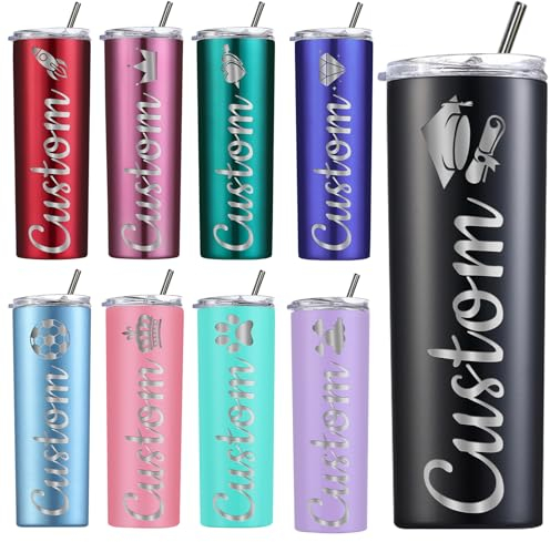 Amlion Vaso personalizado – Grabado con láser con nombre, vasos de acero inoxidable de 20 oz, vasos delgados con tapas y pajitas para regalos para mujeres y hombres – 13 colores y 42 iconos