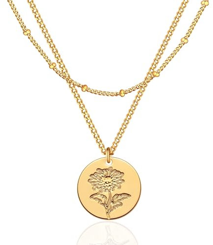 Jenosy 18K Vergoldet Geburt Blume Kette Layered Damen Gold Kette mit Chrysantheme November Anhänger Hypoallergene Modeschmuck für Frauen und Mädchen