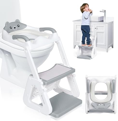 Orzbow Réglable Reducteur Toilette Enfant avec Marche,Stabiliser Rehausseur Toilette Enfant avec Structures Triangulaires,Pédale Allongée et Coussin en PVC Imperméable,Antidérapant et Pliable,Gris