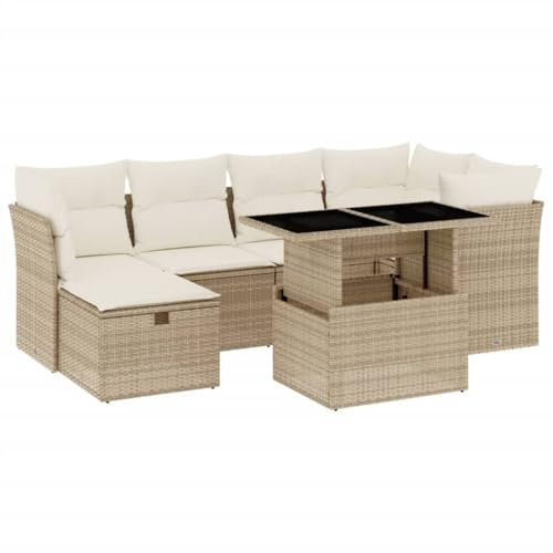 vidaXL Garten Sofagarnitur 7-TLG., Gartensofa mit Kissen, Sitzgruppe für Garten Terrasse, Gartentisch Gartenmöbel, Modern, Beige Poly Rattan