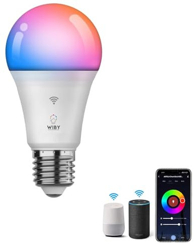 Wiby Lampadina Smart LED E27 10W 806lm RGBWW 2700-6500K Dimmerabile Wi-Fi 2,4 GHz Compatibile con Alexa e Google Home App Smart Life/Tuya, 1 unità