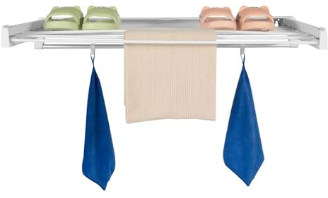 Tyvotrend Wäscheständer Wandmontage Faltbares Kleiderstange mit 7 Hängestangen, 4 Haken, Erweiterbares 90 Grad Deckel, für Balkon Wäsche Badezimmer, Weiß, 85.5 x 9.5 x 6.5 cm