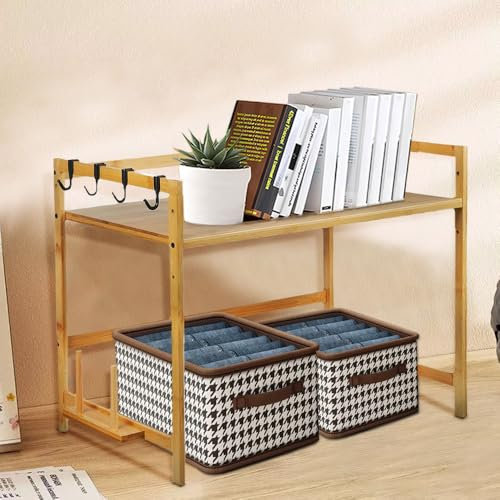 HUOLE Étagère à Micro-ondes 2 Niveaux en Bambou avec 4 Haches et Support pour Planche à Découper - Meuble Multifonction en Bois pour Cuisine-Porte-épices