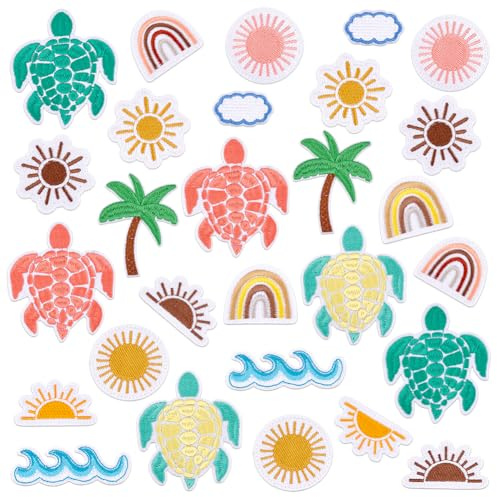 PH PandaHall 20pcs 10 Styles Ocean Iron on Patches, Embroidered Patches Sea Wave Patches Sew On Patches Sea Turtle Rainbow Applique Patch for Hats Backpack Clothes Jeans Jackets Cap Clothes DIY Crafts