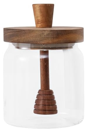 ASTRQLE Pot à miel hermétique en verre de 400 ml avec bâtonnet et couvercle en bois pour la maison et la cuisine