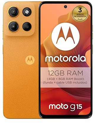 Motorola Moto g15 12GB (4GB+8GB RAM Boost)/128GB Naranja, España, Pantalla de 6,72” FHD+, Sistema de cámaras de 50 MP y Objetivo Ultra Gran Angular, Batería 5200 mAh, Carga TurboPower, Soft Luxe