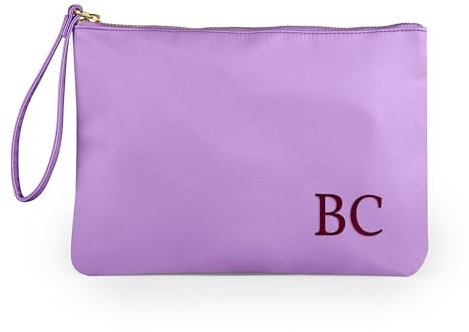 Caribu design Pochette Personalizzata con Nome Iniziali Testo - Borsa per Trucchi, Cosmetica, da Viaggio, con Cerniera Oro e Laccetto da Polso - Idea Regalo Estiva per Lei Donna (Lilla)