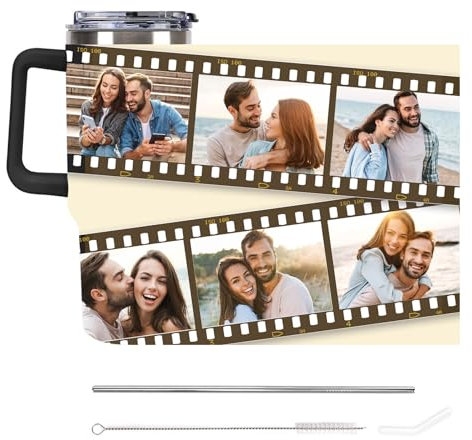 Tasse thermos en acier inoxydable personnalisée avec nom et photo, tasse de voyage en acier inoxydable personnalisée avec paille à anse, cadeau personnalisé pour la famille et les amis