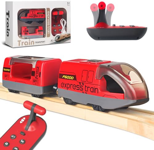 Elektrisches Zugspielzeug für Holzschienen, Motorisierter Zug Fernbedienung mit 4 Sound- und Lichteffekten für Kinder 3 4 5 6+ Jahre, Kompatibel mit Thomas,Brio,Chuggington-Rot