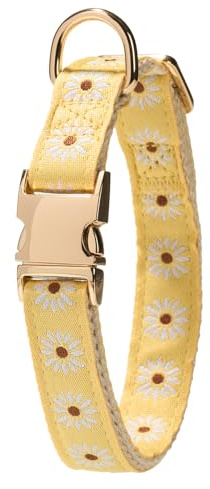Petiry Daisy Deisgn Jacquard Dog Collar with Soft Cotton Padded Lining And Durable Metal Buckle, Adjustable Summer Collar Fit for Small Neck 31-49cm,Yellow
