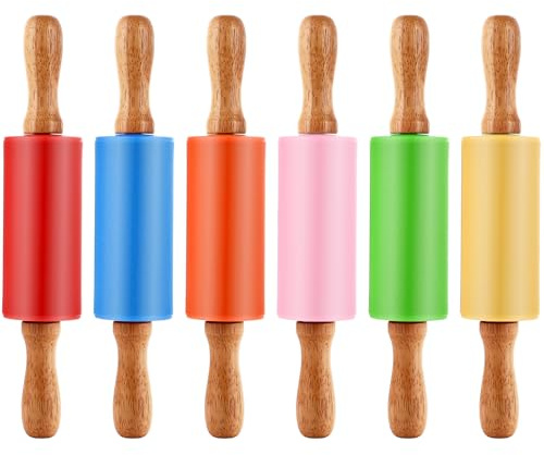 LOLYSIC 6 Stück Silikon Nudelholz, Mini Nudelholz Kinder, Holzgriff Nudelholz, Silikon Teigroller, Back-Nudelhölzer, Fondant Roller, Teigroller Klein für Küche Backen Pizza Kekse Gebäck Fondant Kinder