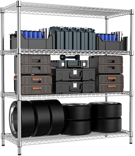 M MZG Height Adjustable Shelves,Heavy Duty Wire Pantry Shelving for Tool Sheds, Garage, and Storehouse,Metal, Chrome 4 tier,45 x 150 x 178.7cm