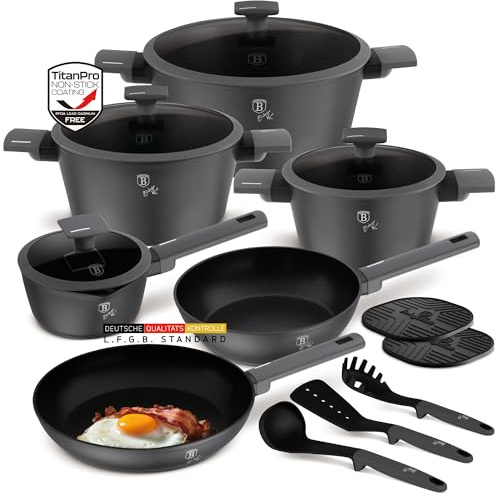 Berlinger Haus Topfset 15-teilig Anthracite Collection – Induktion – TitanPro Antihaftbeschichtung – Geschmiedetes Aluminium – PFOA-frei – Kochgeschirr-Set – Mit Küchenhelfern & Silikonuntersetzern