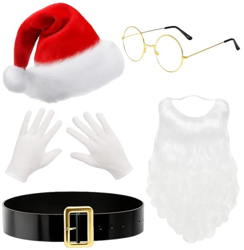 ZaoGoin Weihnachtsmann Kostüm, Nikolaus Kostüm Set mit Mütze, Bart, Handschuhen und Gürtel, Weihnachtsmützen Erwachsene, Perfekte Geschenkidee für Weihnachtsfeiern und Familienfotos