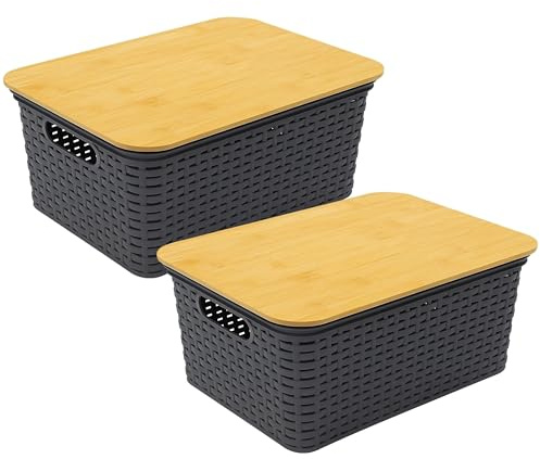 HRB Aufbewahrungsbox mit Bambusdeckel, Box in Rattanoptik mit den Abmaßen 38,5 x 28 x 18,5 cm, KIste mit 15 Liter Volumen (Anthrazit, 2, stück)