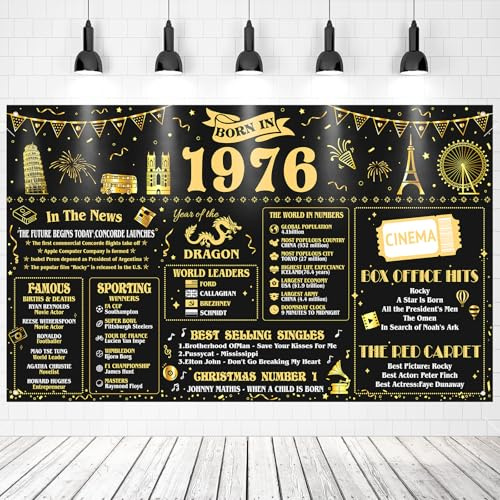 50 decoraciones de banner de cumpleaños para hombres y mujeres nacidos en 1976 cartel Reino Unido, fondo de cumpleaños oro negro, decoraciones de fondo de la foto cartel vintage 50 aniversario