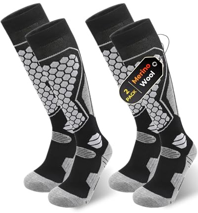 QUPOLPOL Calcetines de Esquí Lana Merino Térmicos – 2 Pares Calcetines Altos para Hombre y Mujer, Cálidos, Transpirables e Imbottados para Nieve, Snowboard y Invierno, Talla EU 39-44