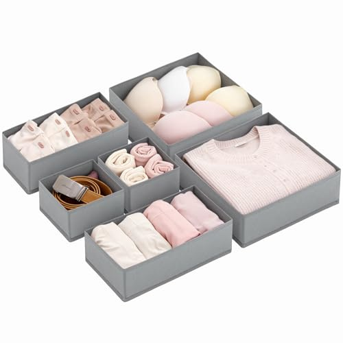 LAJIAKE Drawer Organisers for Clothes, 6 Pack Fabric Drawer Dividers in 3 Sizes, Foldable Clothes Organiser for Dresser Drawers & Wardrobe Storage, Non-Woven Storage Boxes, Grey