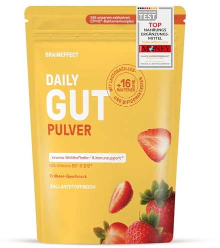 BRAINEFFECT DAILY GUT Erdbeergeschmack – Probiotisches Getränkepulver | mit 16 Mrd. lebenden Bakterien & 7 g Ballaststoffen pro Portion, mit Vitamin B1, B2, B6 & B12 – 240 g