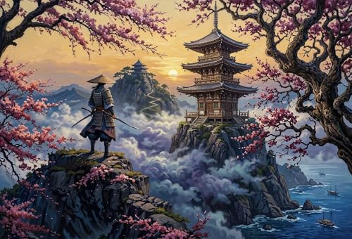 Samurai Kirschblüte Sakura Puzzle 1000 Teile, Wanddeko Geschenk | 1000 Teile-Puzzle, Größe 70x50cm, ab 14 J., Thema Samurai Kirschblüte Sakura für lustiges Tischspiel, Geschenk und Wanddeko.