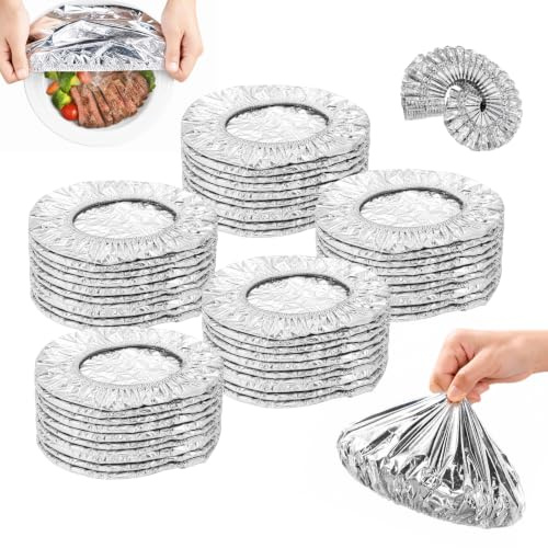 sdhiiolp 50Pcs Aluminium Foil Covers for Food - Stretchy Foil Food Covers | Reusable Aluminium Food Covers with Elasticated Edge for Bowls, Plates & Pans, Helps Keep Food Warm & Fresh, Silver
