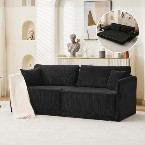 Koaris Cord-Sofa mit Schlaffunktion, Inkl. Kissen und Decke(Schwarz) | 3-Sitzer Schlafsofa, 2-in-1 Transformationsdesign，Cordbezug,Ausziehbar，Klappbare Armlehnen